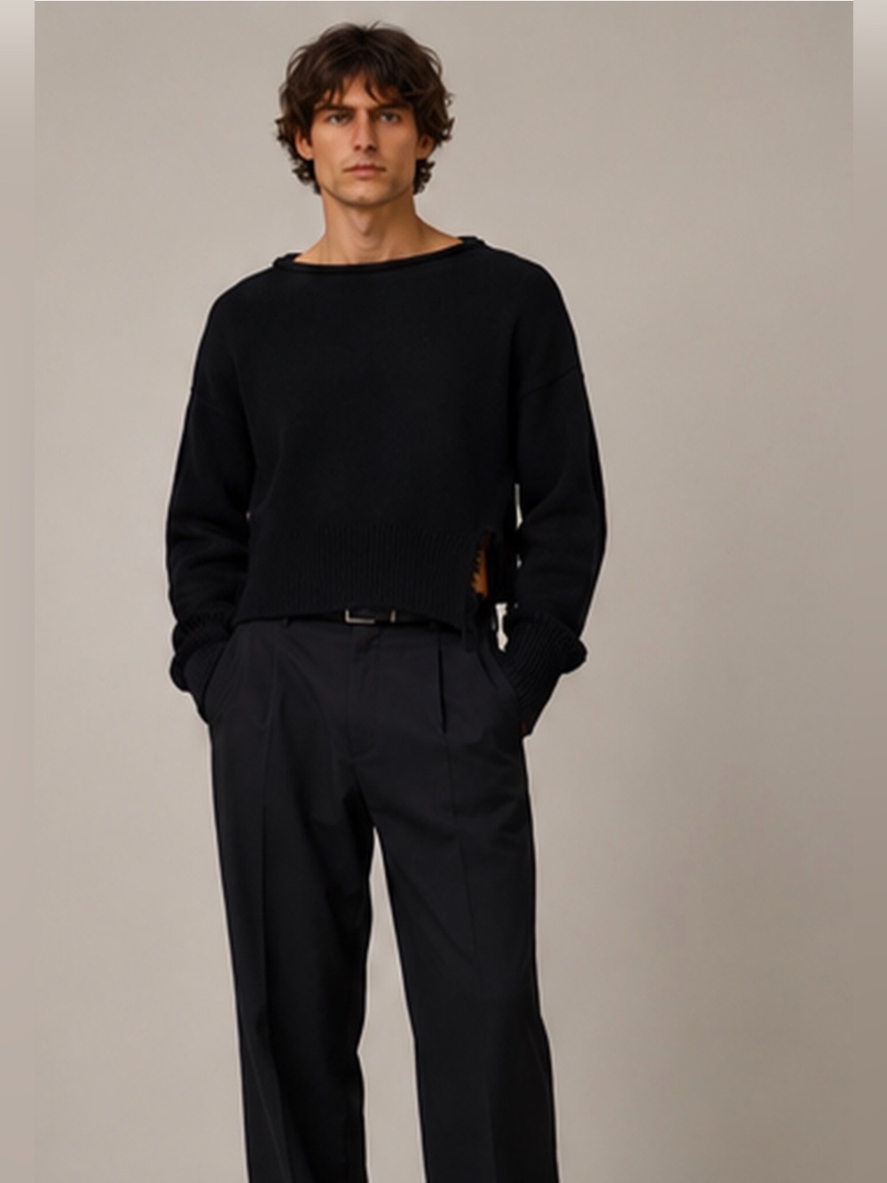 Helmut Lang Men’s Black Wool Cashmere Distressed Side Seam Sweater Size S